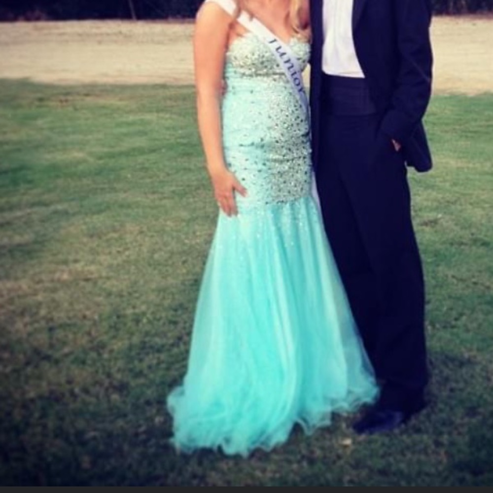 Long teal beaded dress